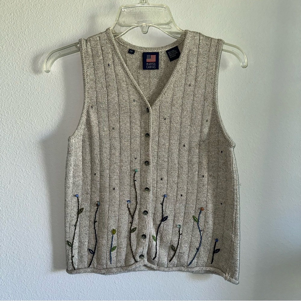 Marisa Canvas Knit Vest with Floral Embroidery size PP 60% linen 40% cotton
